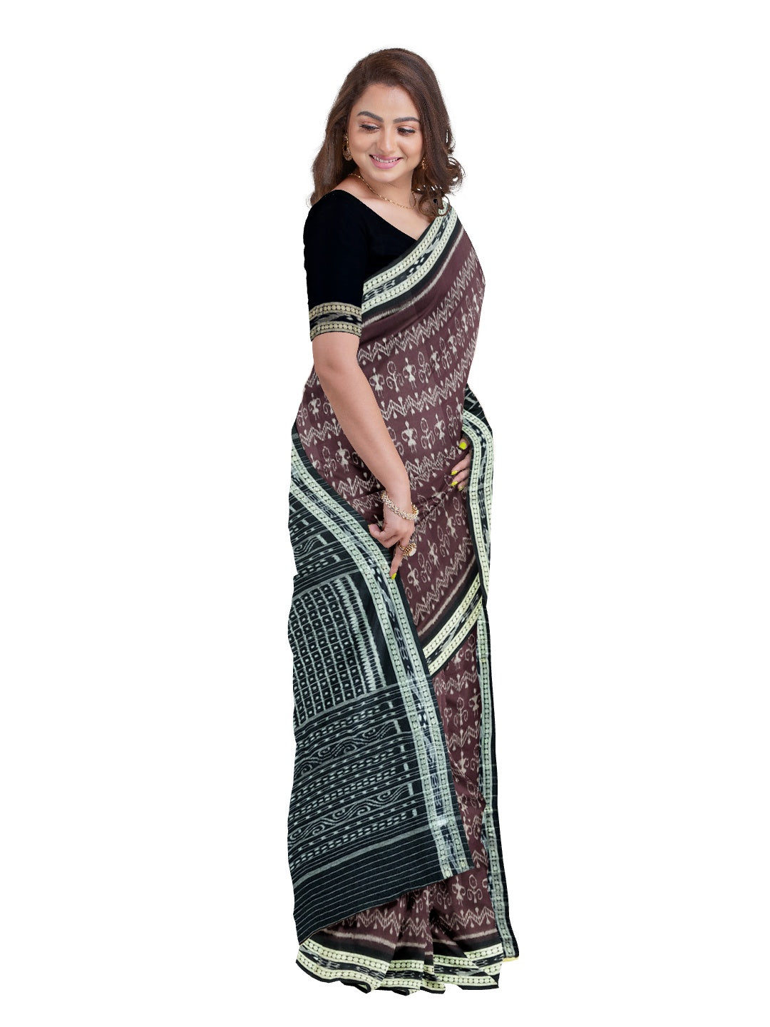 Dark Burgundy cotton Sambalpuri Saree with running blouse piece