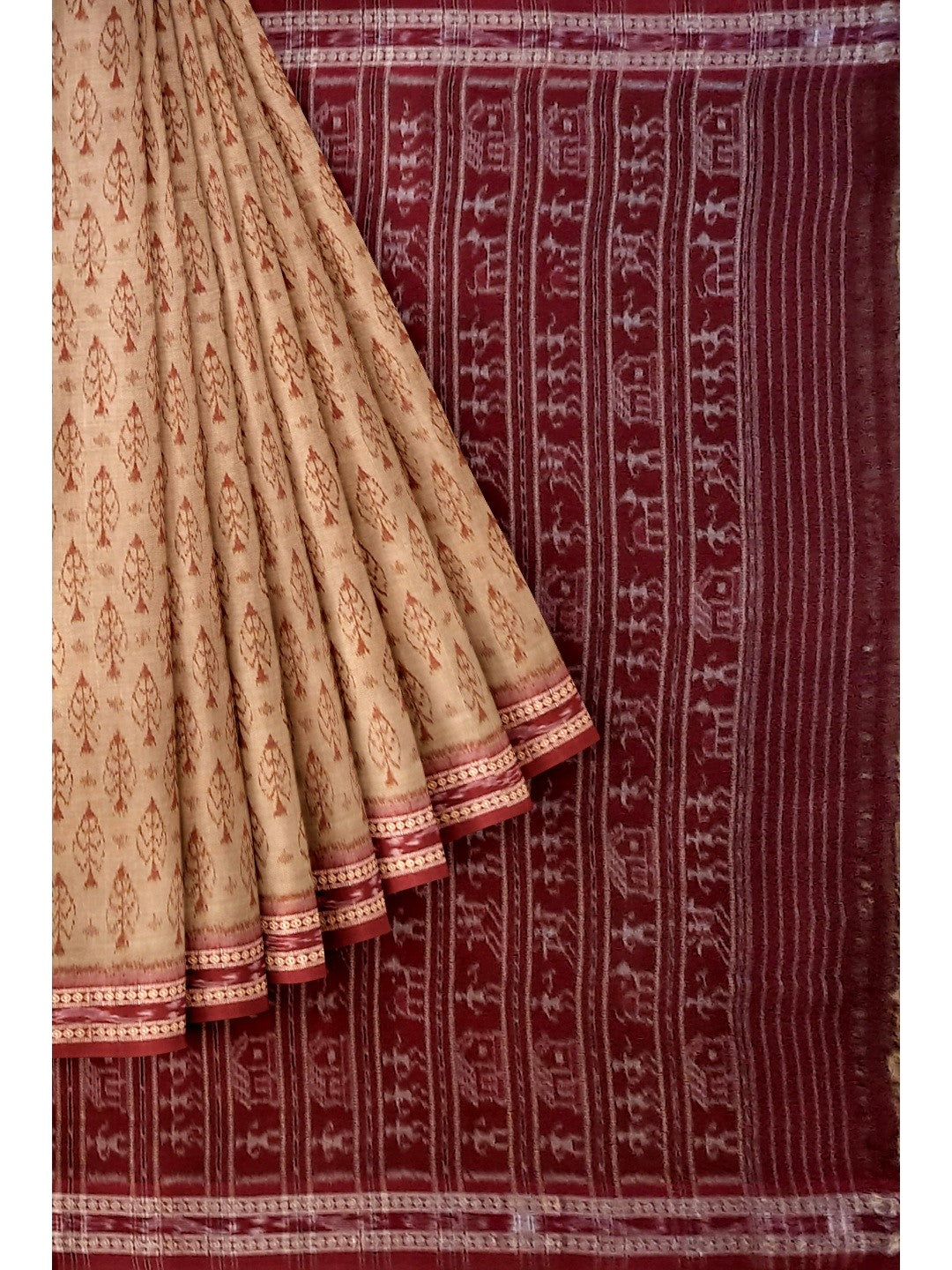 Beige cotton Sambalpuri Saree with mix match cotton ikat blouse piece