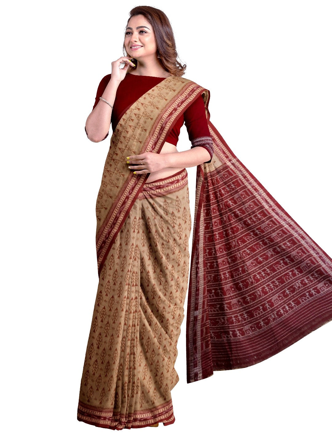 Beige cotton Sambalpuri Saree with mix match cotton ikat blouse piece