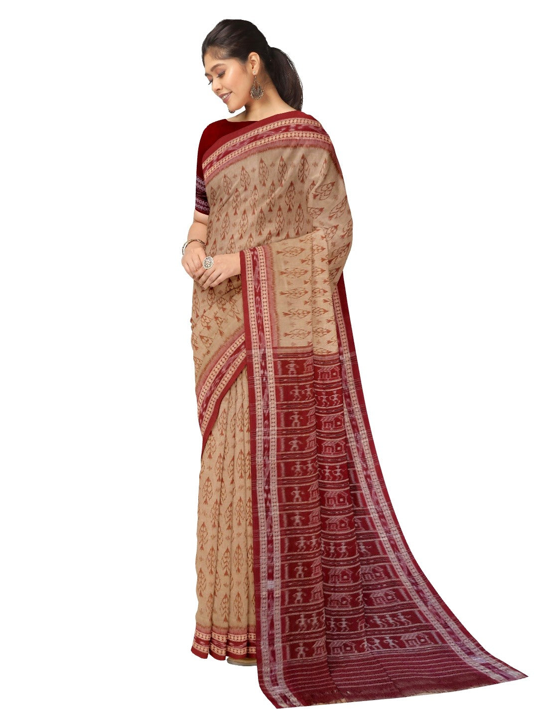 Beige cotton Sambalpuri Saree with mix match cotton ikat blouse piece