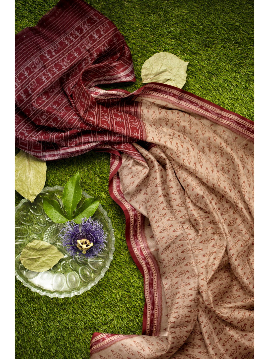Beige cotton Sambalpuri Saree with mix match cotton ikat blouse piece
