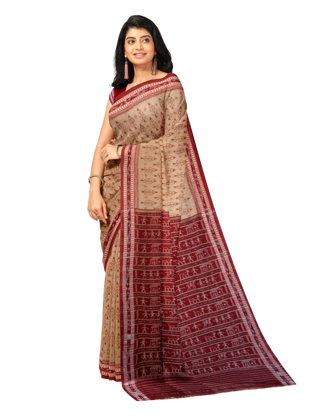 Beige cotton Sambalpuri Saree with mix match cotton ikat blouse piece
