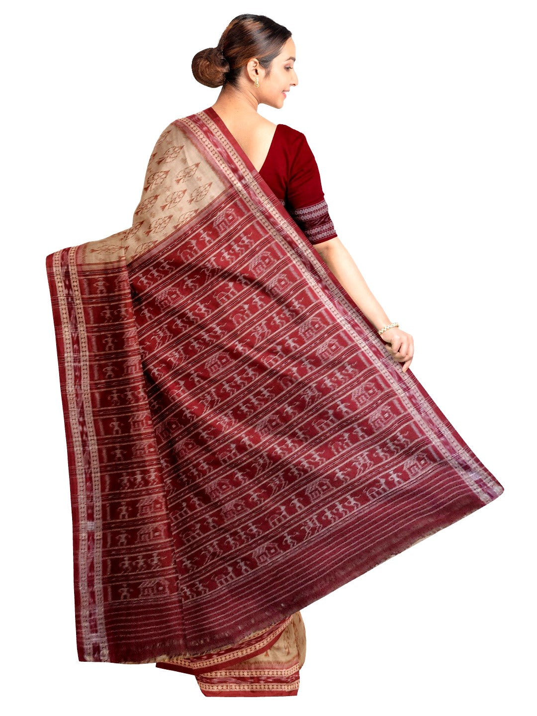 Beige cotton Sambalpuri Saree with mix match cotton ikat blouse piece