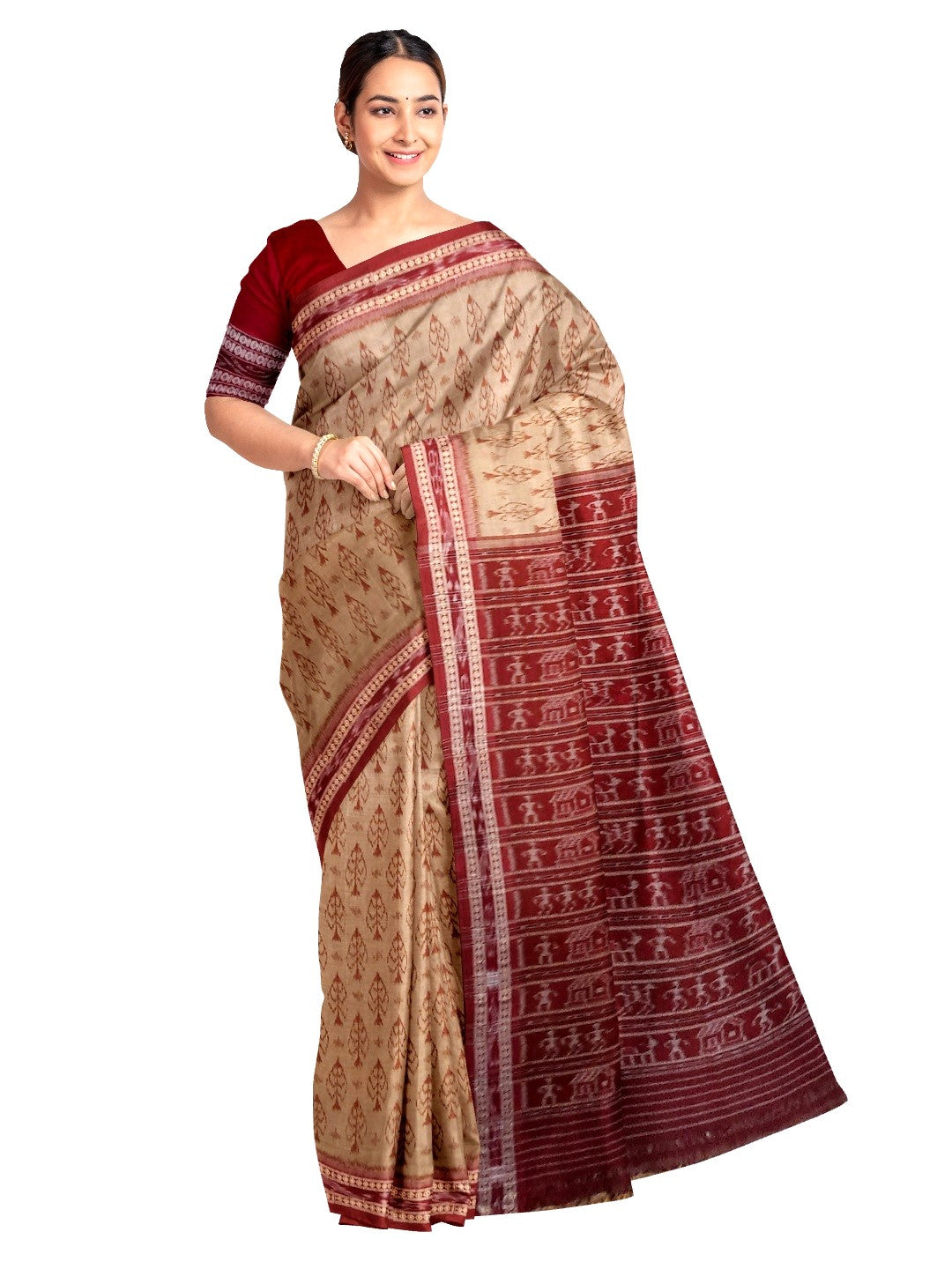 Beige cotton Sambalpuri Saree with mix match cotton ikat blouse piece