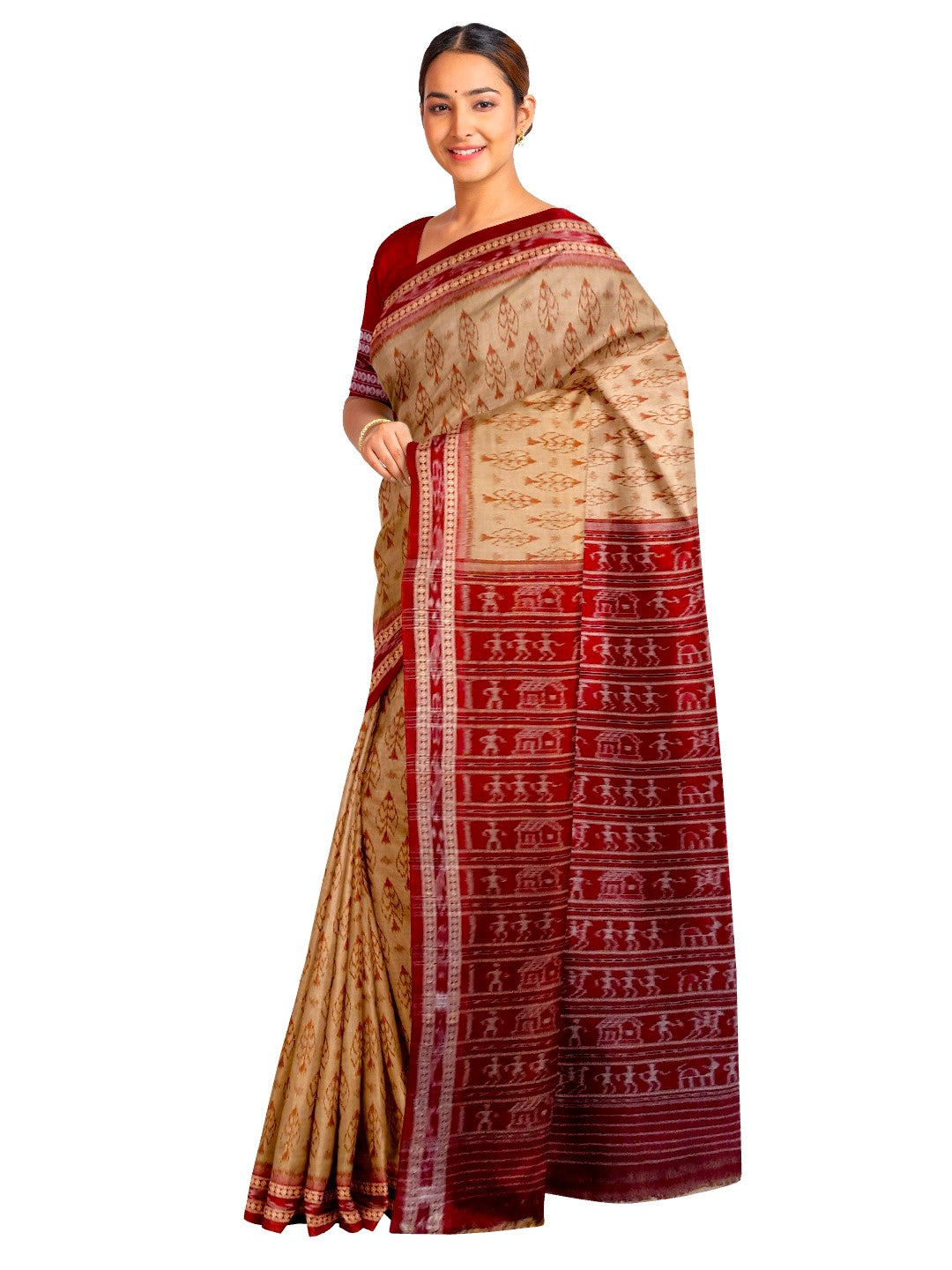 Beige cotton Sambalpuri Saree with mix match cotton ikat blouse piece