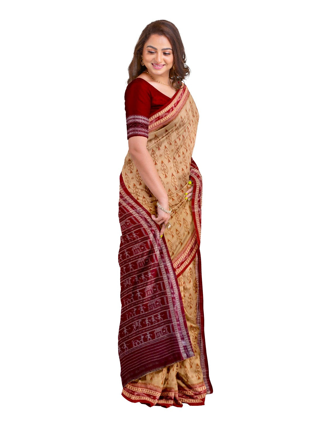 Beige cotton Sambalpuri Saree with mix match cotton ikat blouse piece
