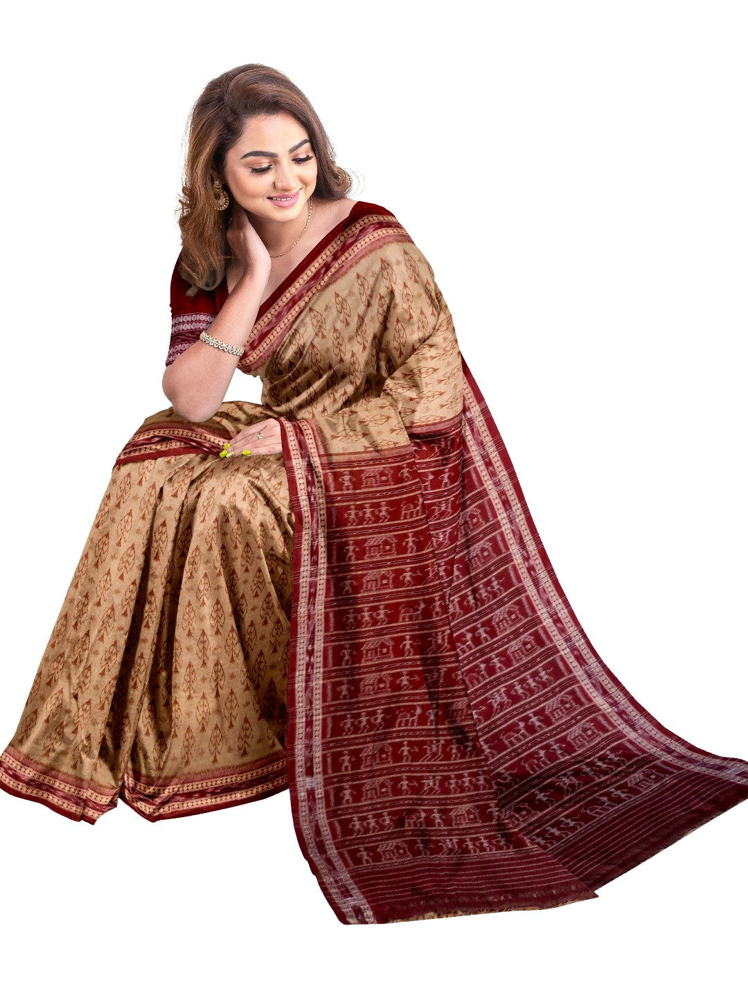 Beige cotton Sambalpuri Saree with mix match cotton ikat blouse piece