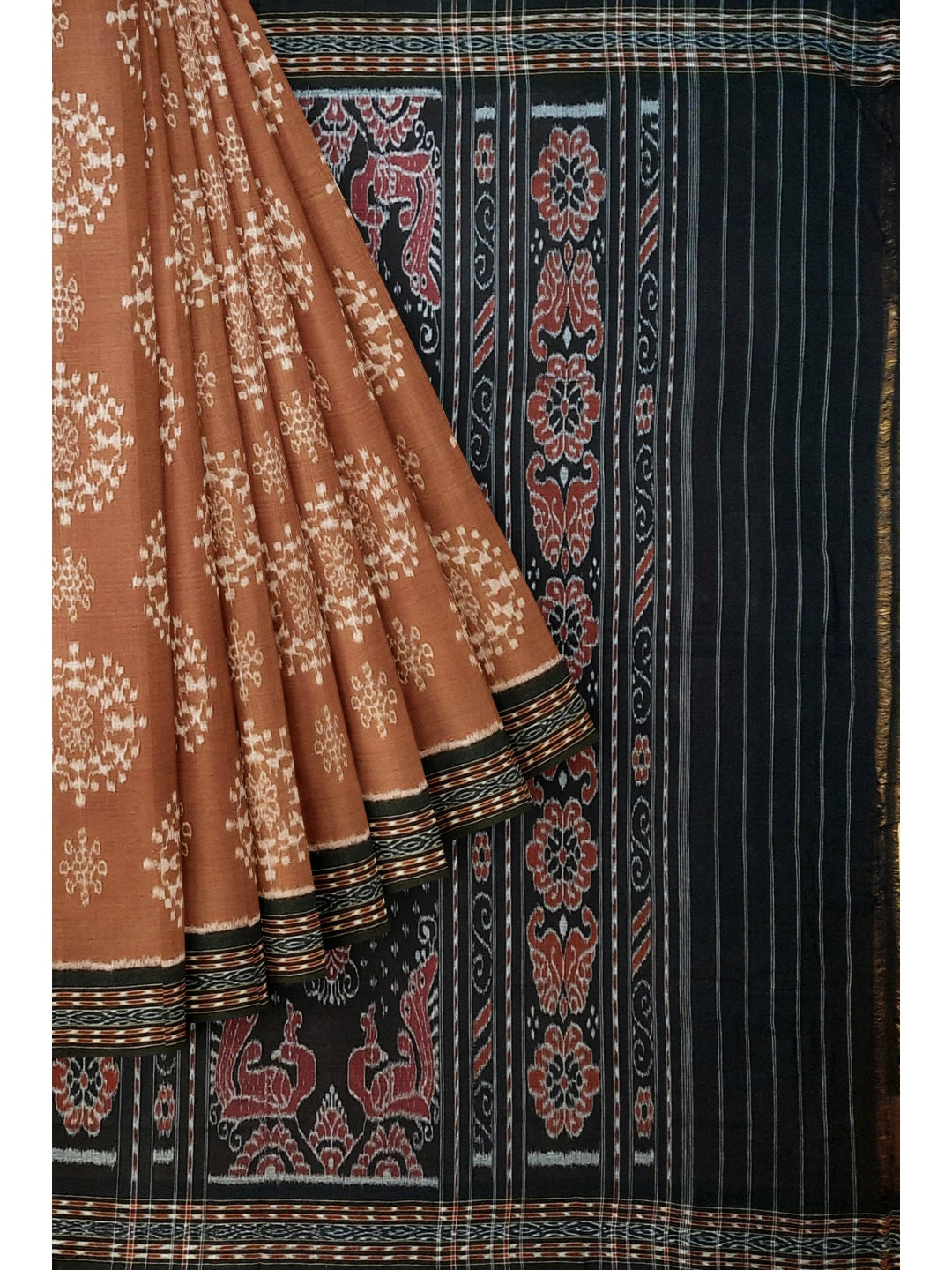 Brown cotton Sambalpuri Saree with mix match cotton ikat blouse piece