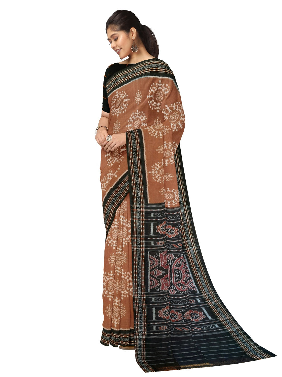 Brown cotton Sambalpuri Saree with mix match cotton ikat blouse piece