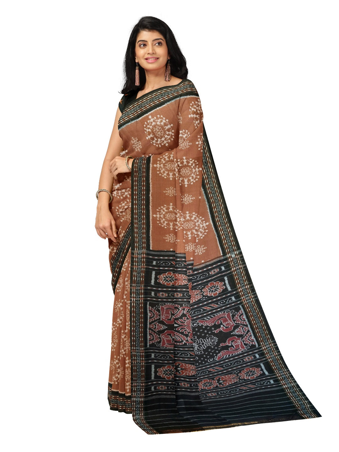 Brown cotton Sambalpuri Saree with mix match cotton ikat blouse piece
