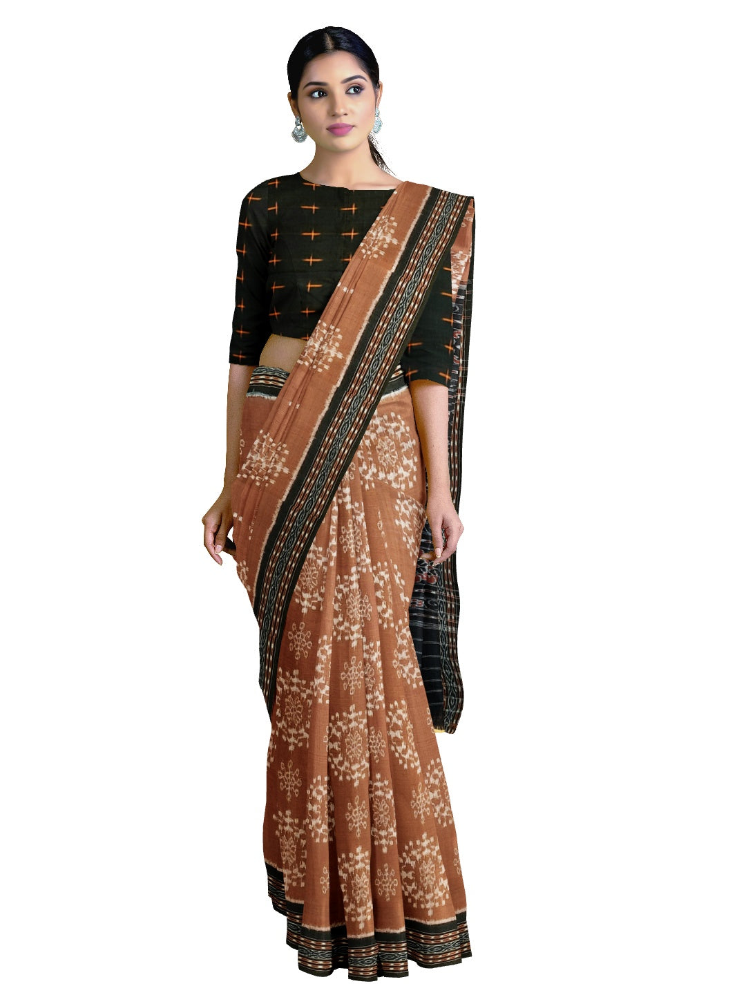 Brown cotton Sambalpuri Saree with mix match cotton ikat blouse piece