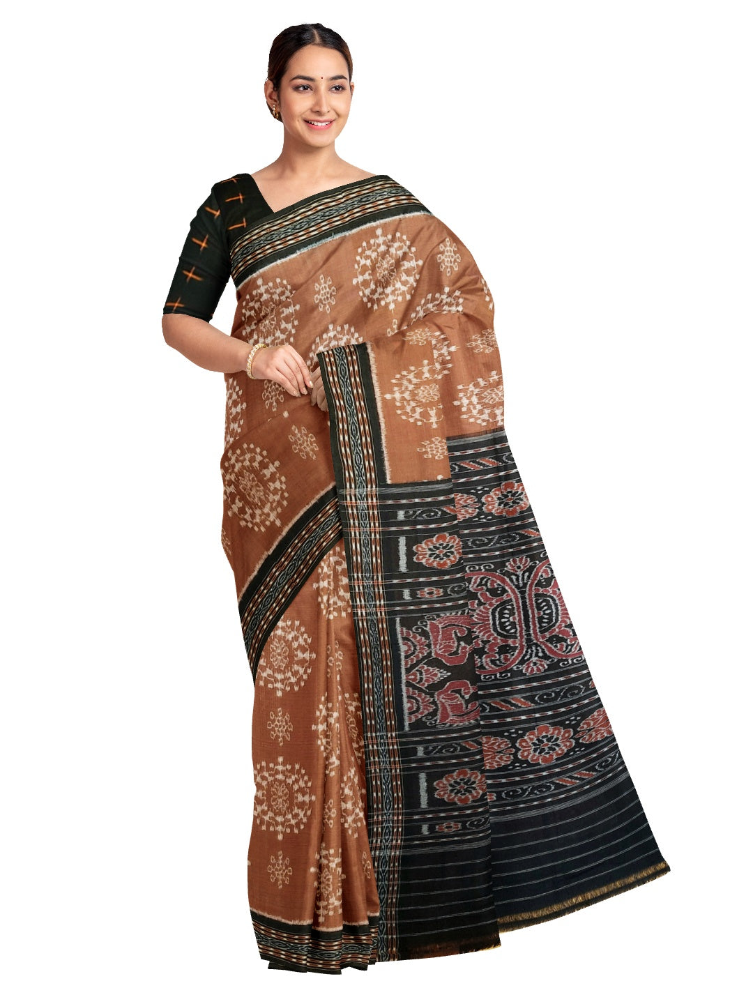 Brown cotton Sambalpuri Saree with mix match cotton ikat blouse piece