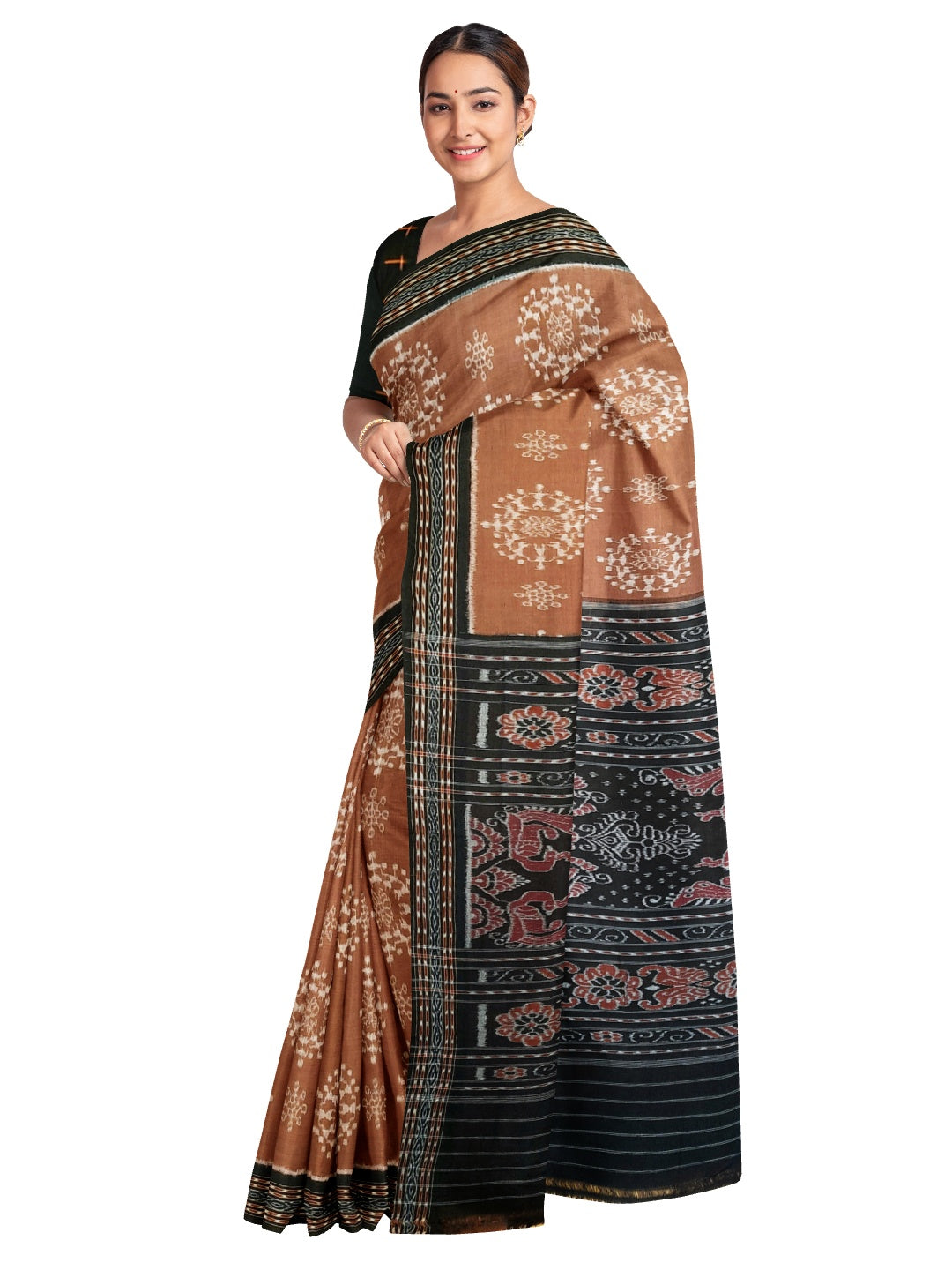 Brown cotton Sambalpuri Saree with mix match cotton ikat blouse piece