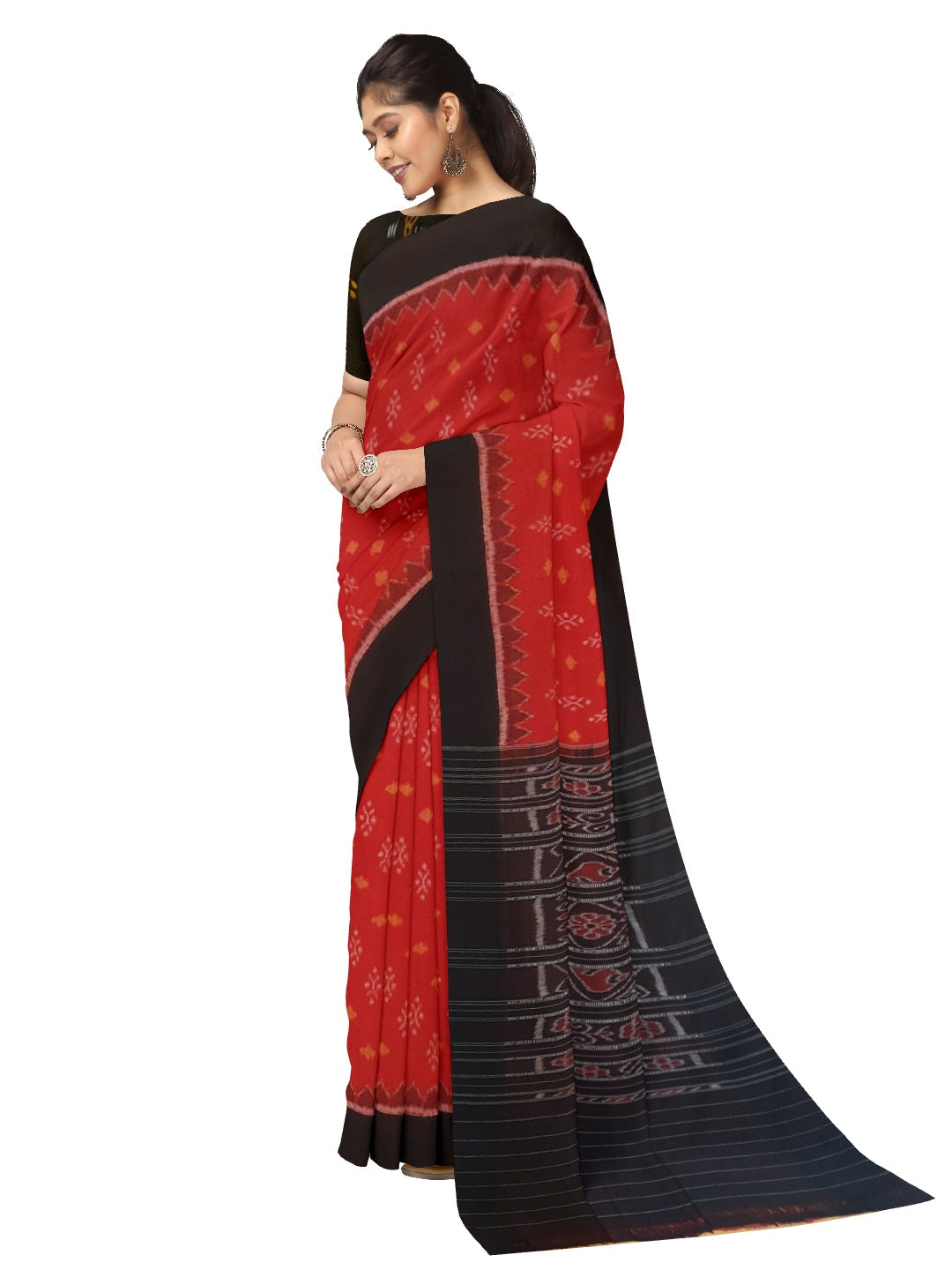 Red Cotton Odisha Ikat saree with mix match cotton ikat blouse piece