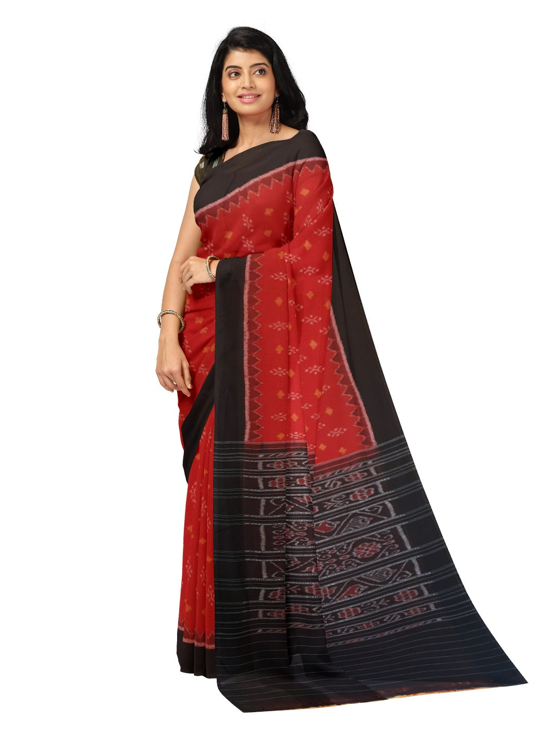 Red Cotton Odisha Ikat saree with mix match cotton ikat blouse piece