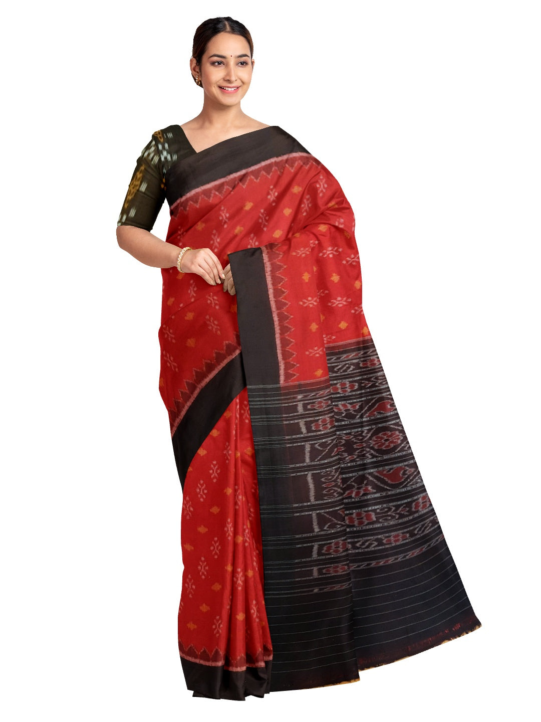 Red Cotton Odisha Ikat saree with mix match cotton ikat blouse piece