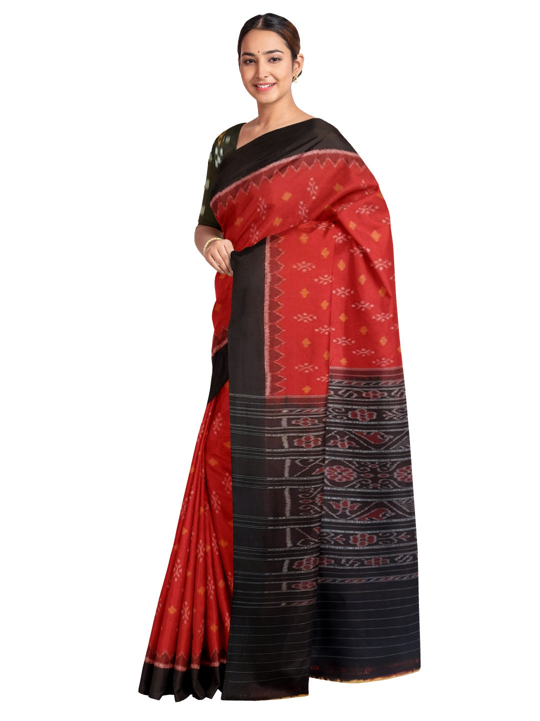 Red Cotton Odisha Ikat saree with mix match cotton ikat blouse piece
