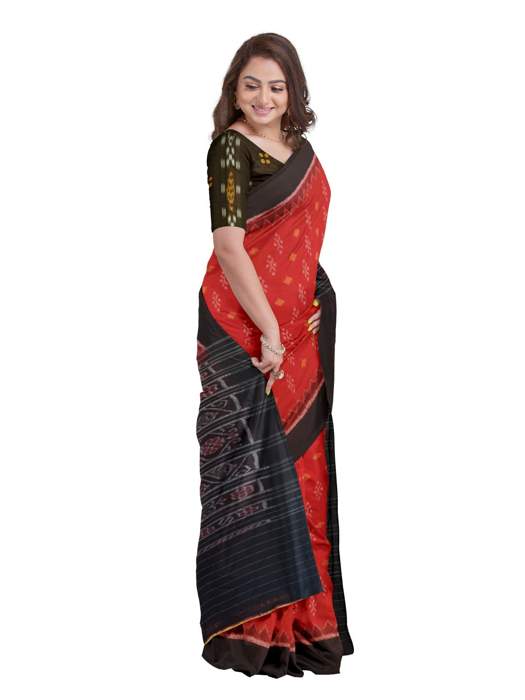 Red Cotton Odisha Ikat saree with mix match cotton ikat blouse piece
