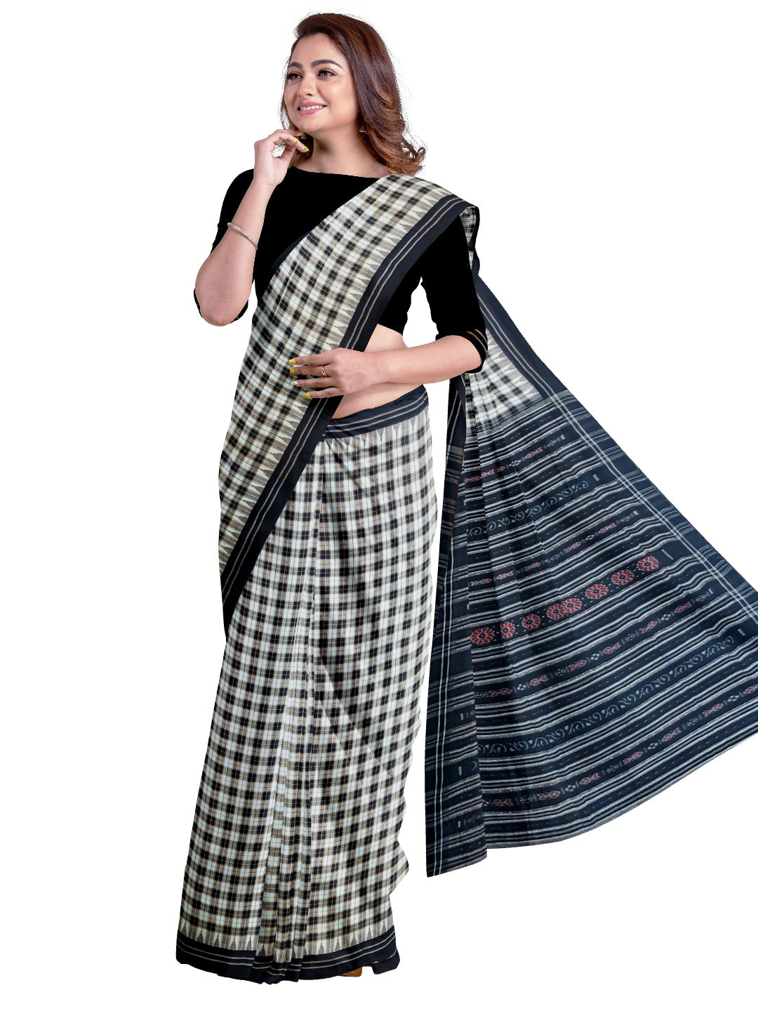 Checkered body cotton Sambalpuri Saree with Phodo Kumbha border running blouse piece
