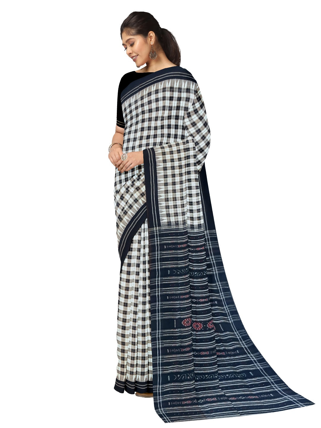 Checkered body cotton Sambalpuri Saree with Phodo Kumbha border running blouse piece
