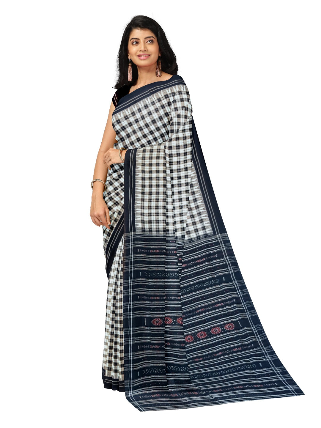 Checkered body cotton Sambalpuri Saree with Phodo Kumbha border running blouse piece