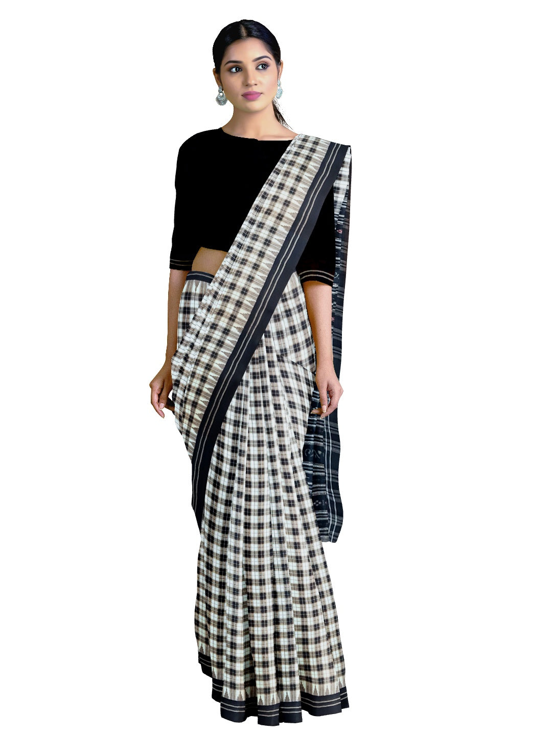 Checkered body cotton Sambalpuri Saree with Phodo Kumbha border running blouse piece