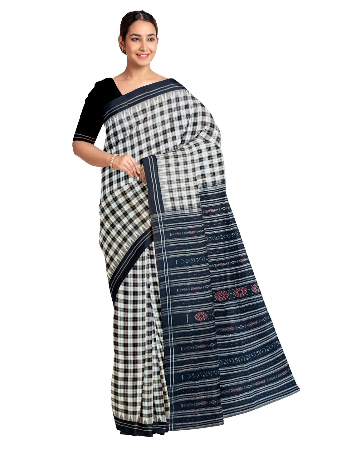 Checkered body cotton Sambalpuri Saree with Phodo Kumbha border running blouse piece