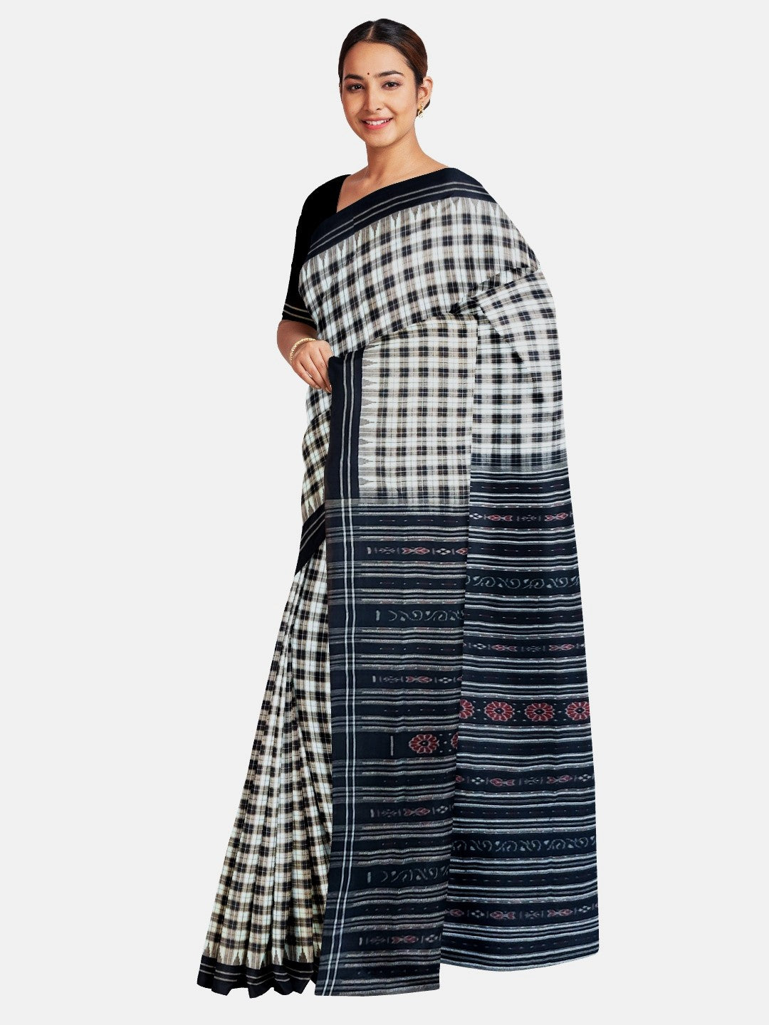 Checkered body cotton Sambalpuri Saree with Phodo Kumbha border running blouse piece