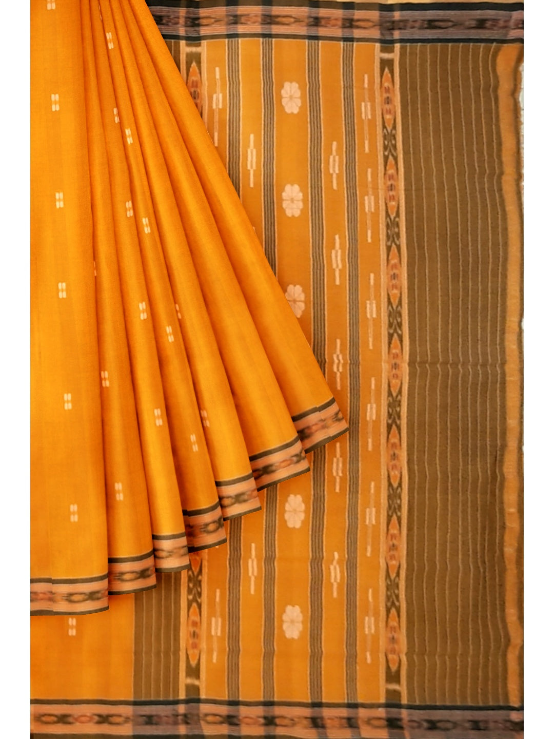 Mustard yellow Cotton Odisha Ikat saree with mix match cotton ikat blouse piece