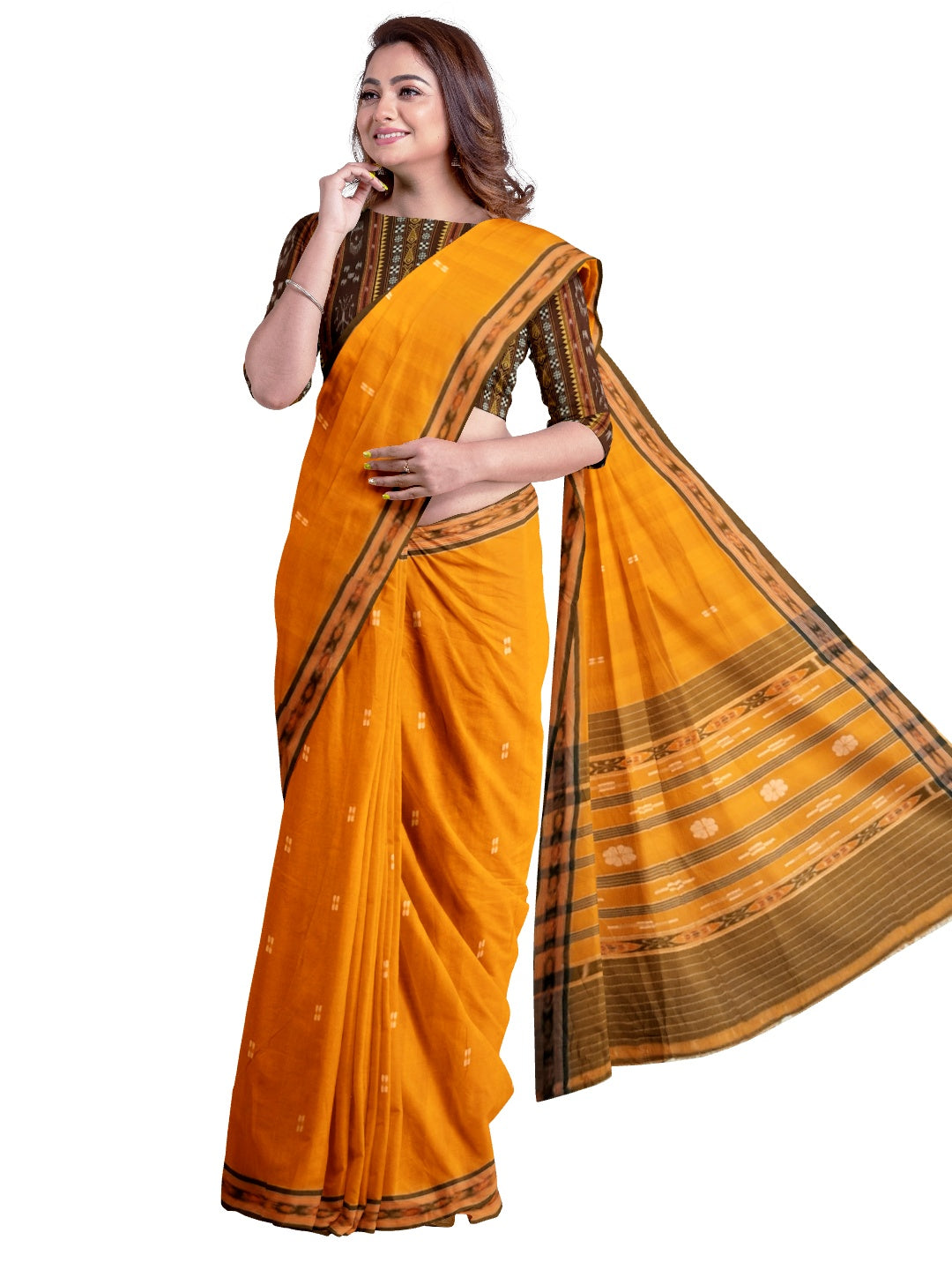 Mustard yellow Cotton Odisha Ikat saree with mix match cotton ikat blouse piece