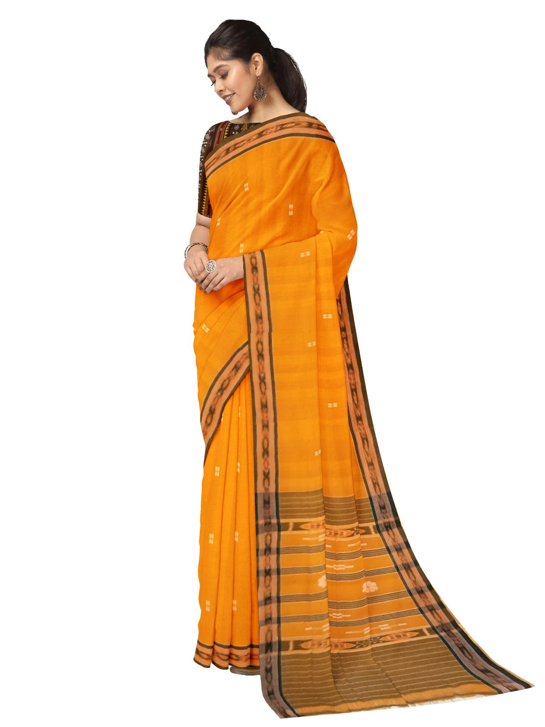 Mustard yellow Cotton Odisha Ikat saree with mix match cotton ikat blouse piece