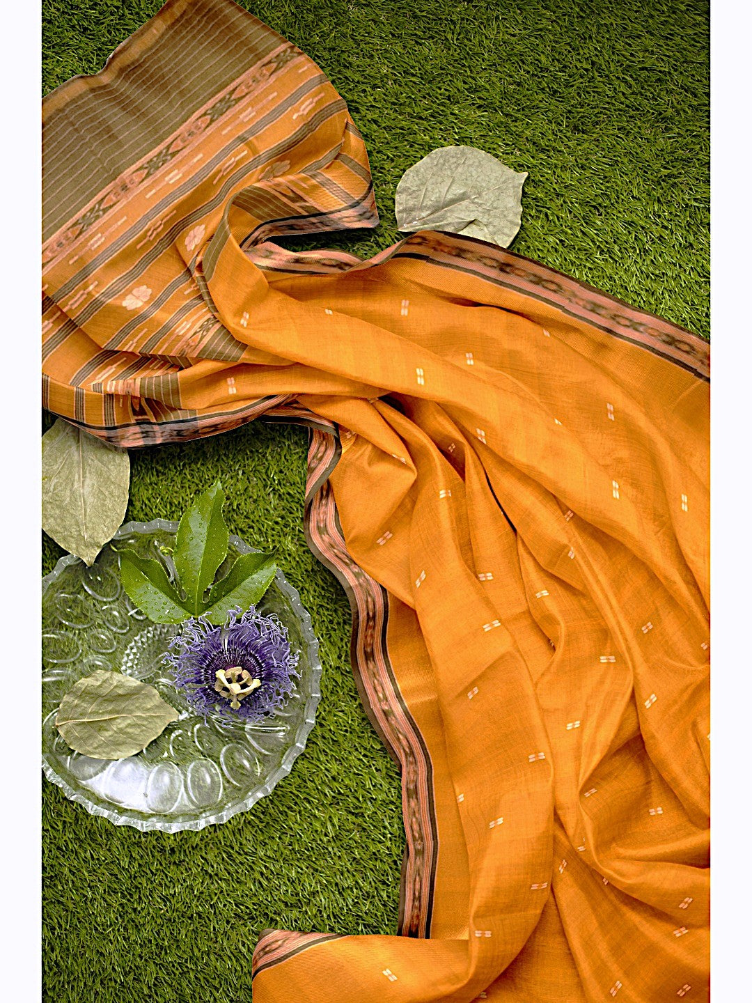 Mustard yellow Cotton Odisha Ikat saree with mix match cotton ikat blouse piece
