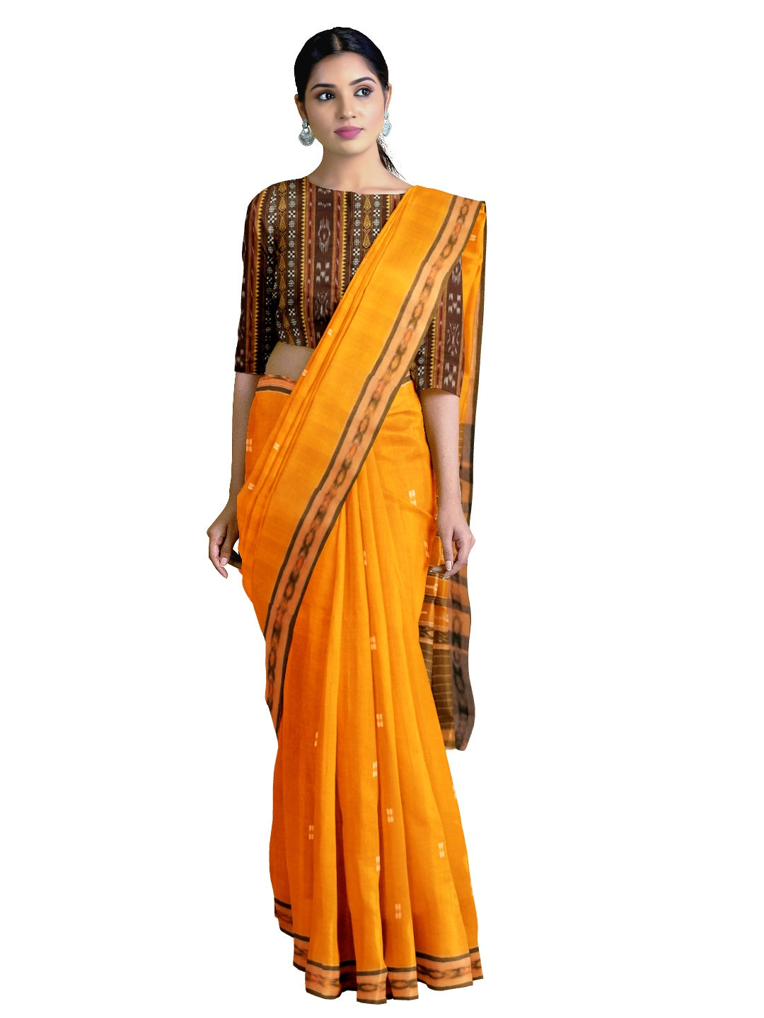 Mustard yellow Cotton Odisha Ikat saree with mix match cotton ikat blouse piece