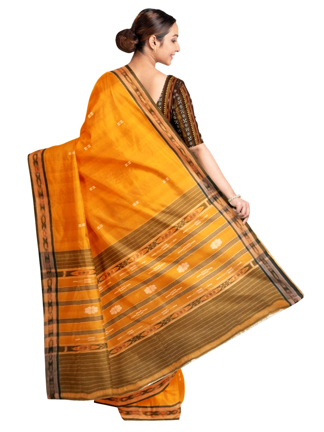 Mustard yellow Cotton Odisha Ikat saree with mix match cotton ikat blouse piece