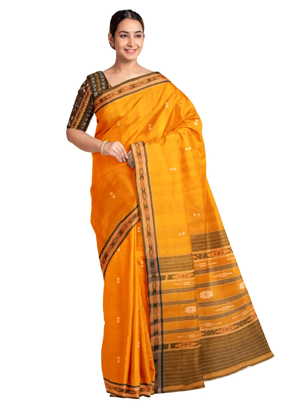 Mustard yellow Cotton Odisha Ikat saree with mix match cotton ikat blouse piece