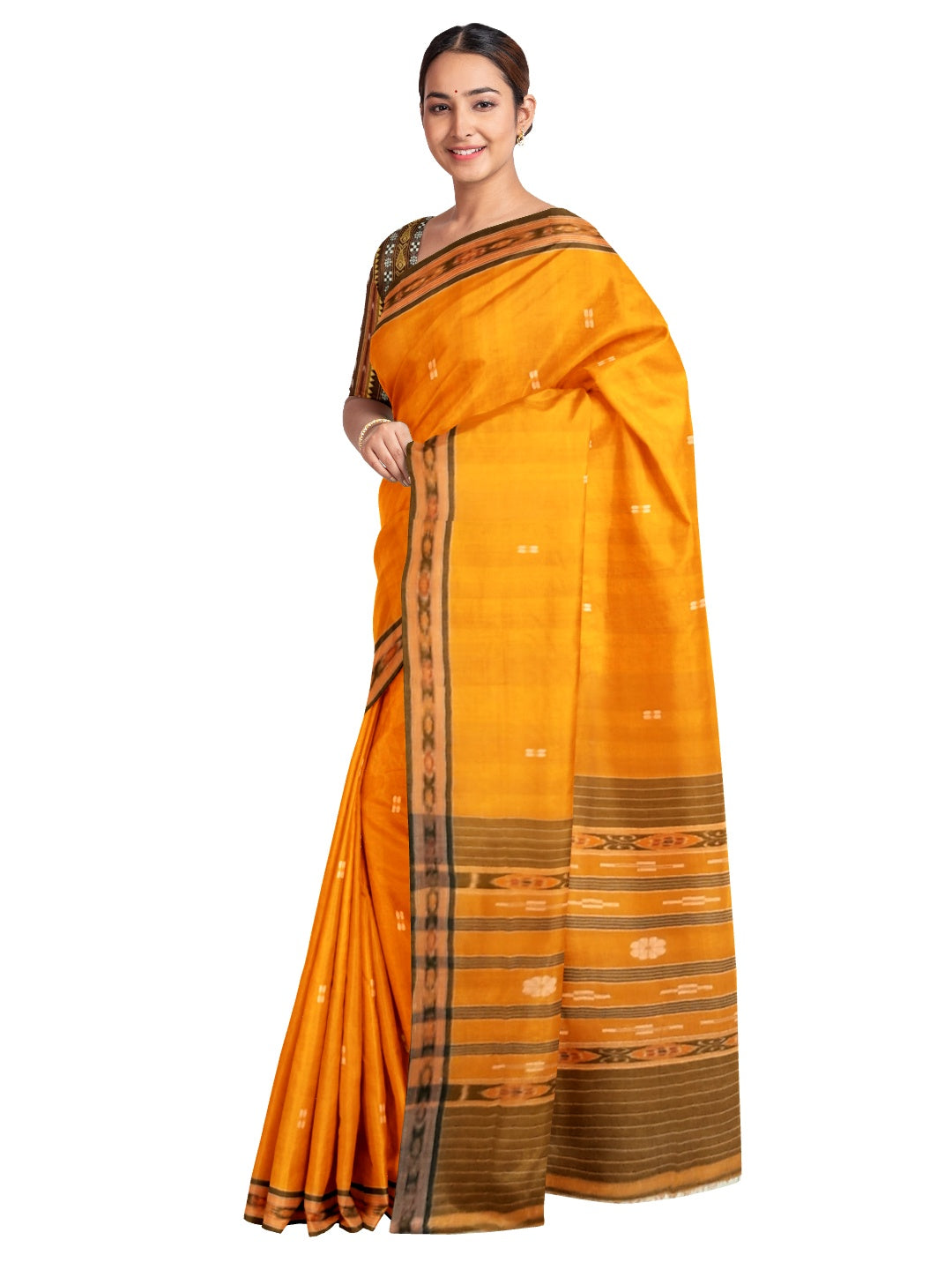 Mustard yellow Cotton Odisha Ikat saree with mix match cotton ikat blouse piece