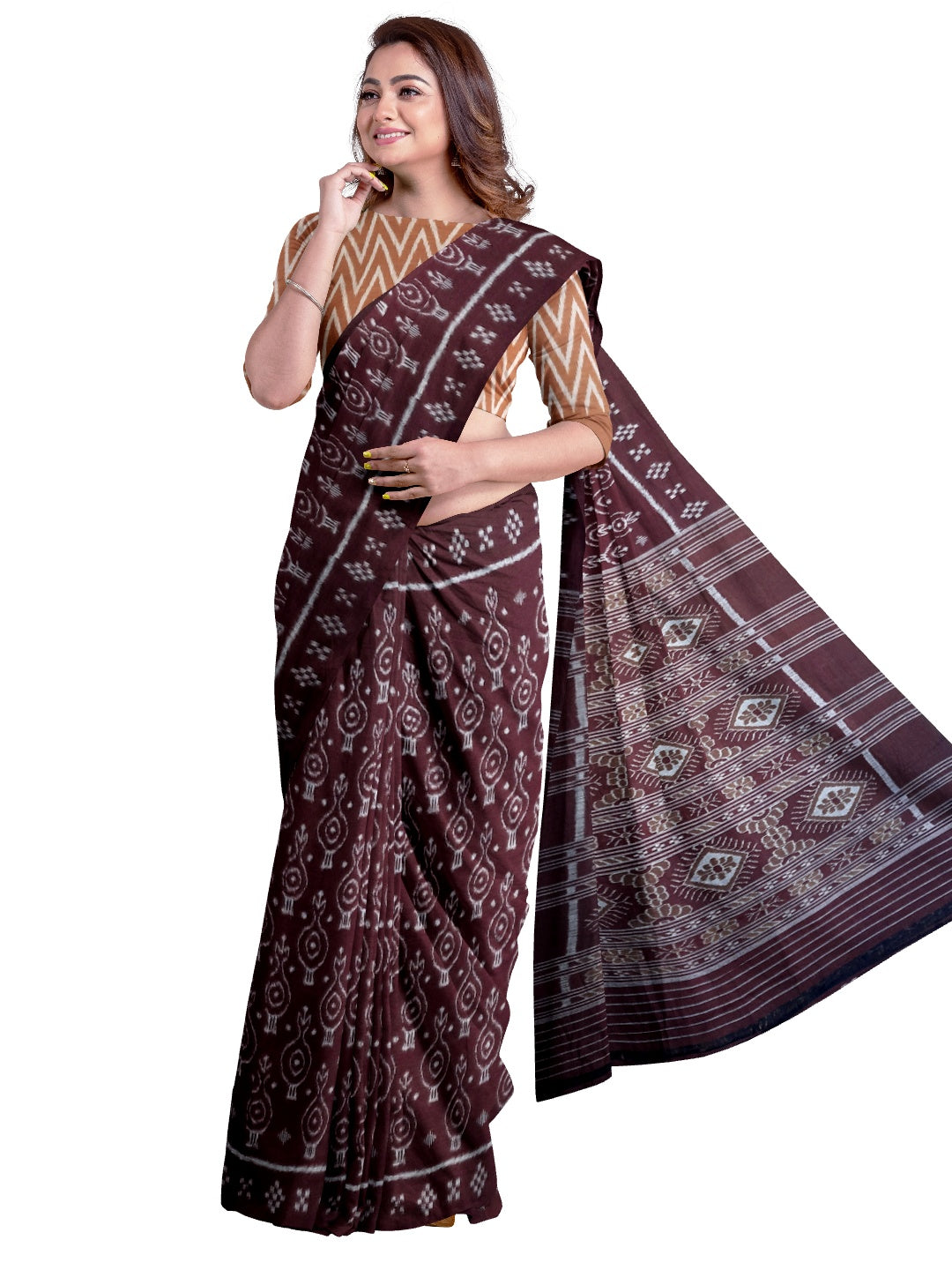 Maroon Cotton Odisha Ikat saree with mix match cotton ikat blouse piece