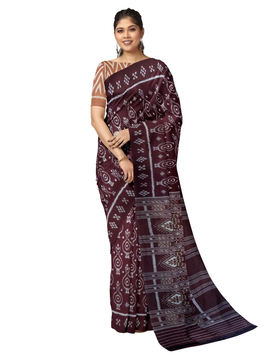 Maroon Cotton Odisha Ikat saree with mix match cotton ikat blouse piece
