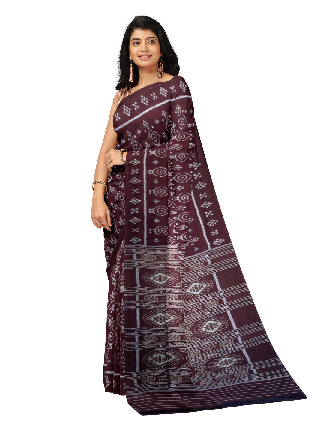 Maroon Cotton Odisha Ikat saree with mix match cotton ikat blouse piece