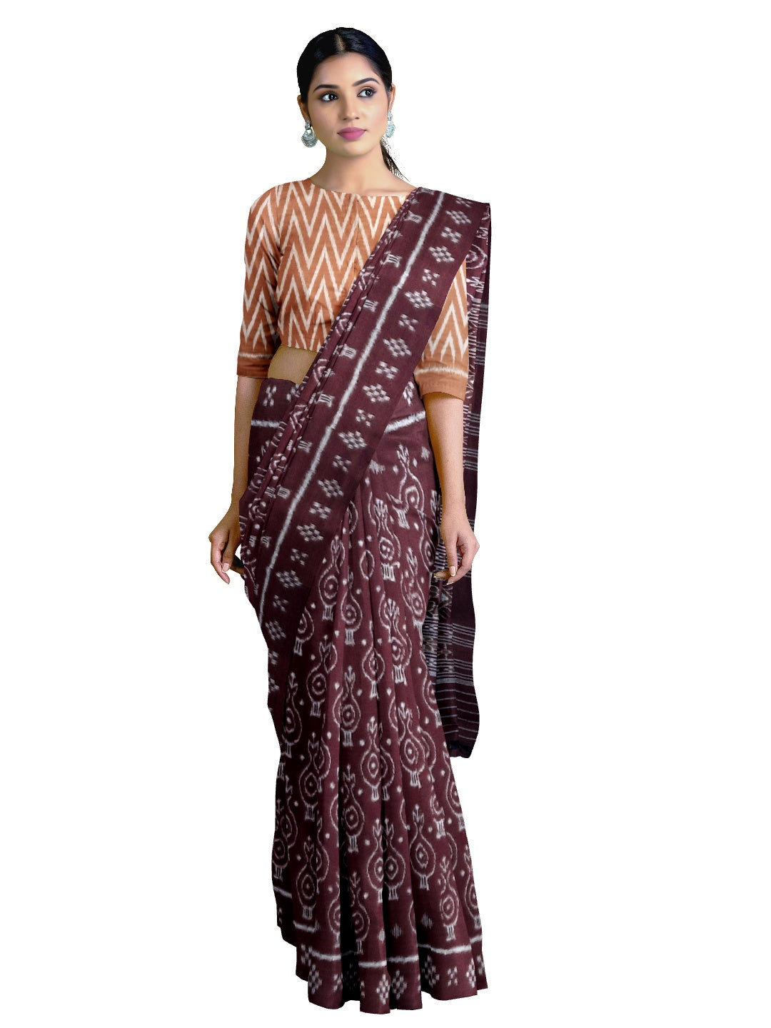 Maroon Cotton Odisha Ikat saree with mix match cotton ikat blouse piece