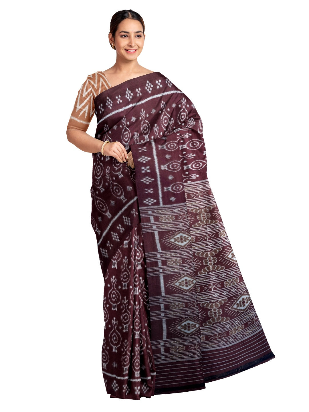 Maroon Cotton Odisha Ikat saree with mix match cotton ikat blouse piece