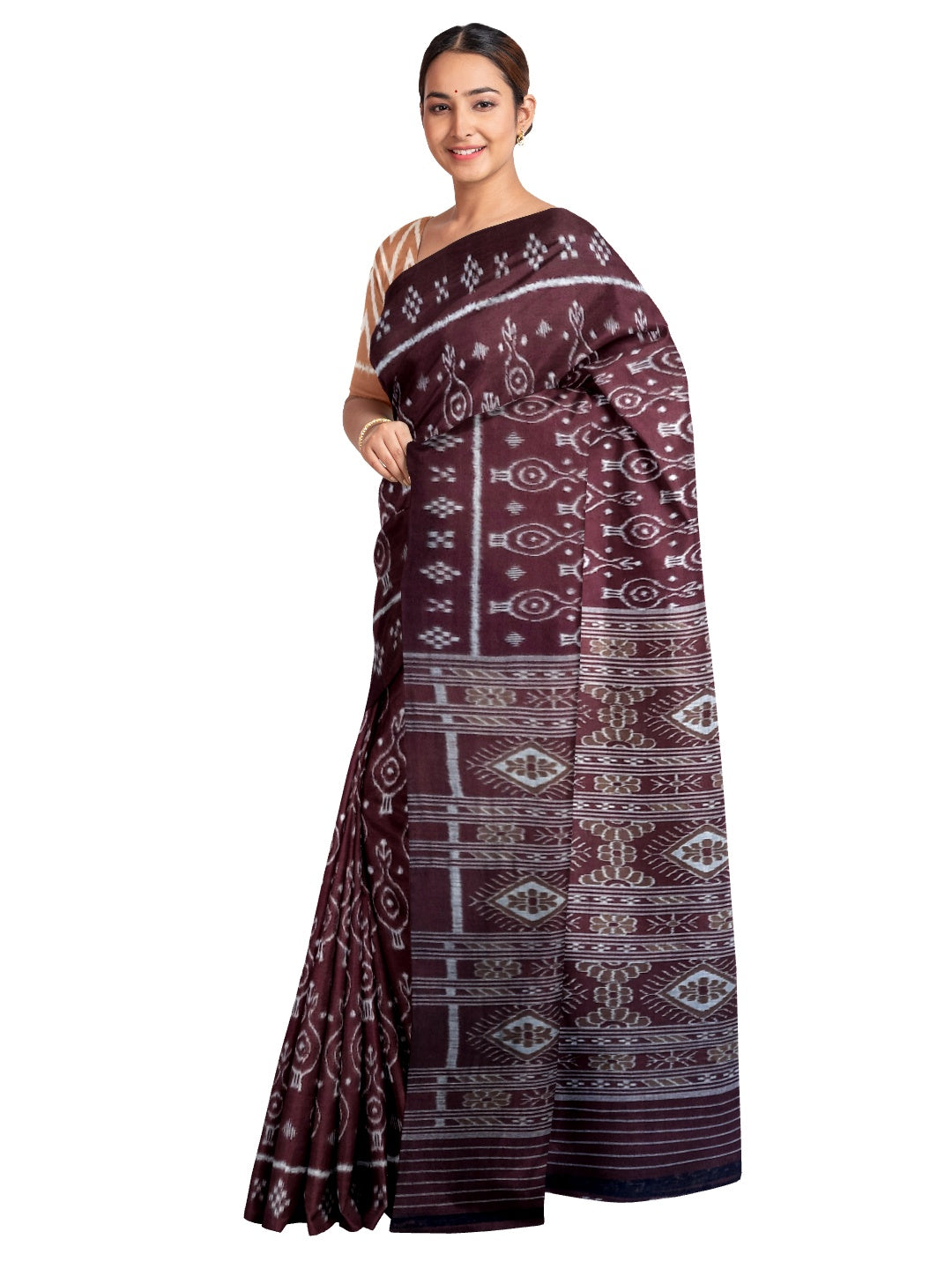 Maroon Cotton Odisha Ikat saree with mix match cotton ikat blouse piece