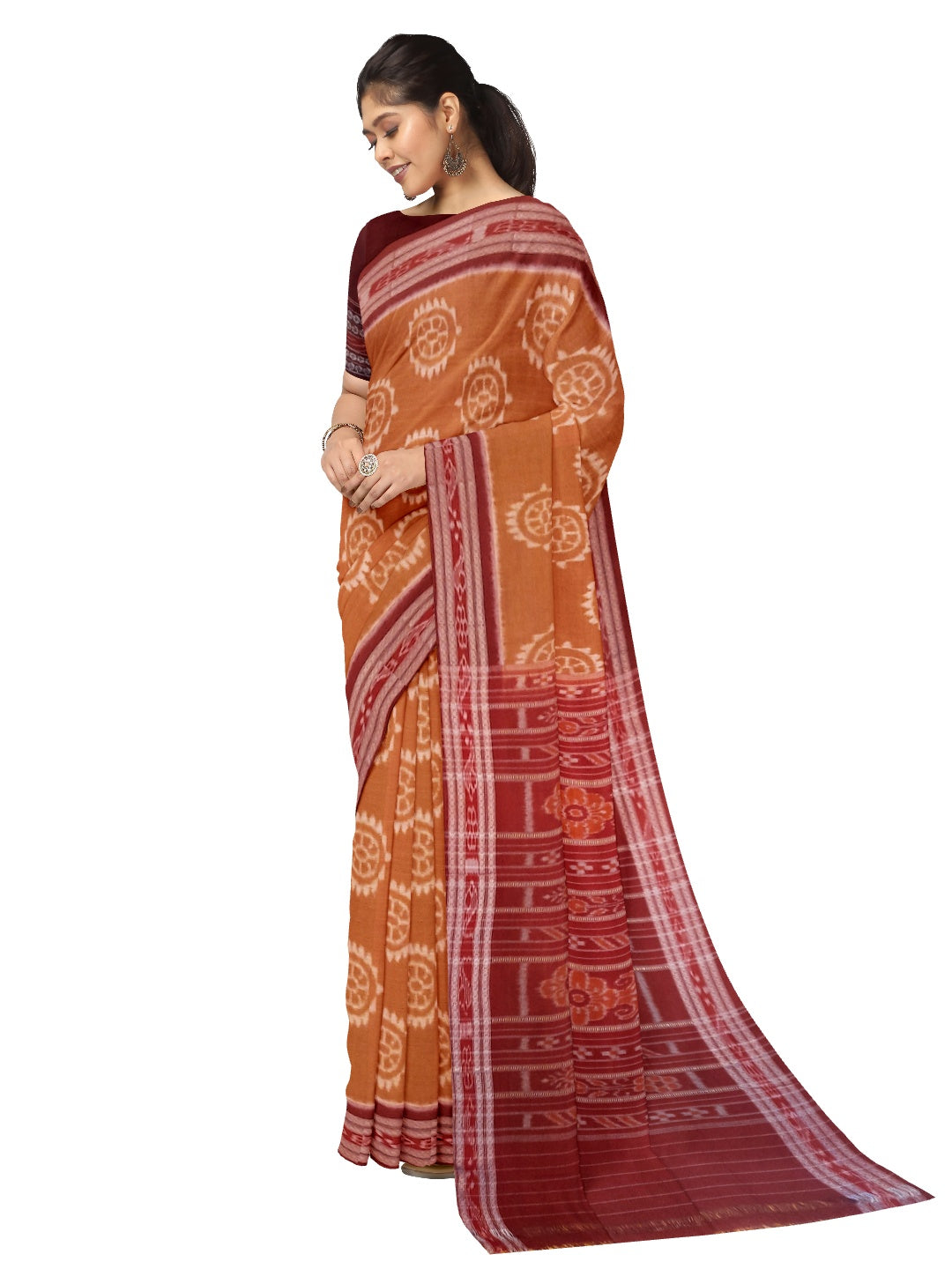 Brown Cotton Odisha Ikat saree with mix match cotton ikat blouse piece