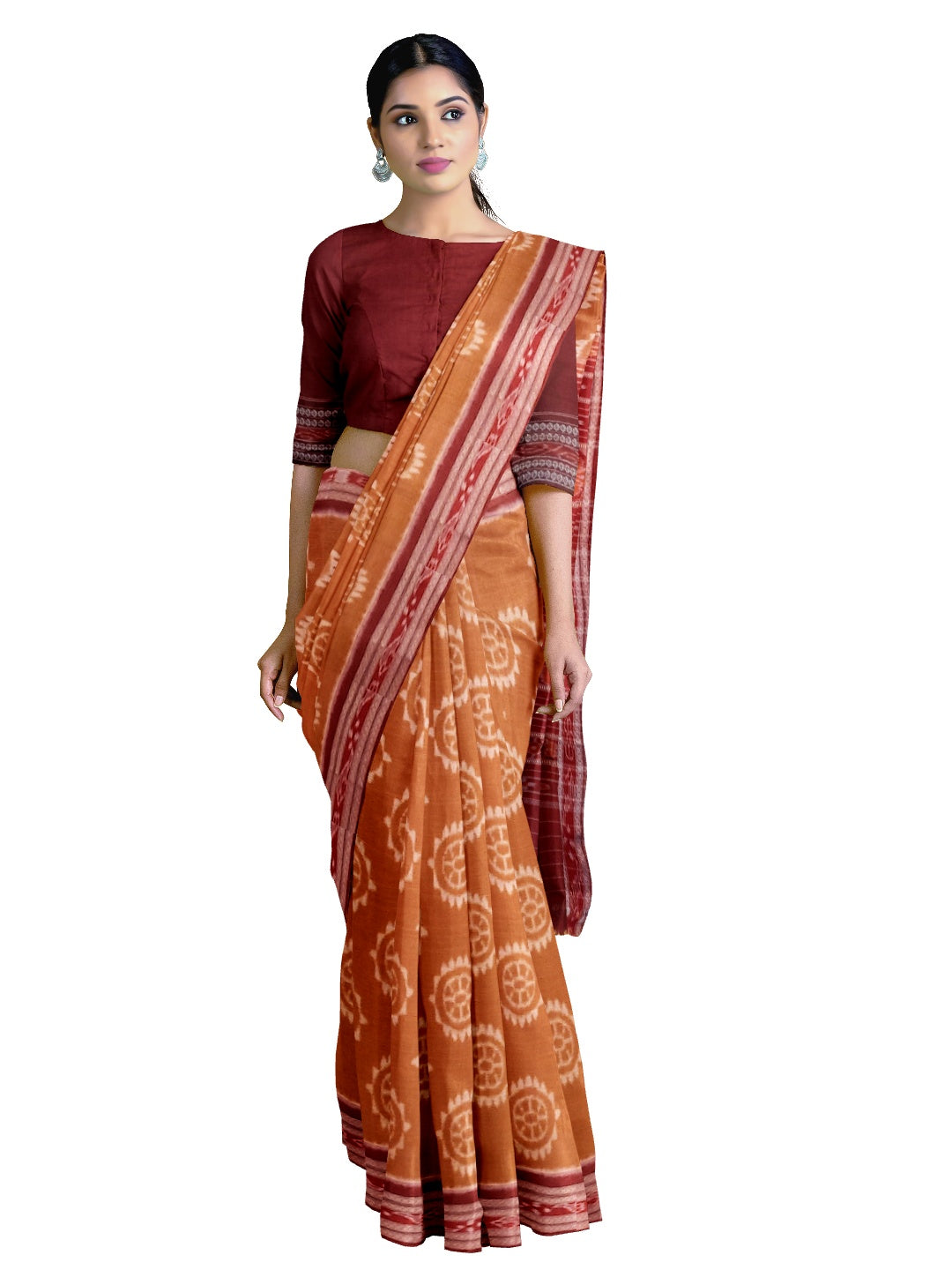 Brown Cotton Odisha Ikat saree with mix match cotton ikat blouse piece