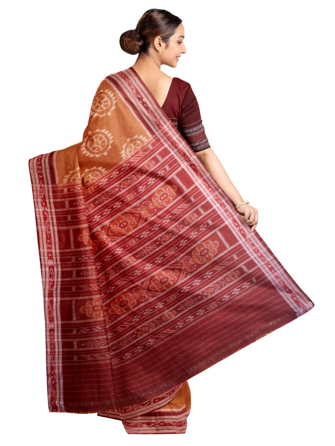 Brown Cotton Odisha Ikat saree with mix match cotton ikat blouse piece