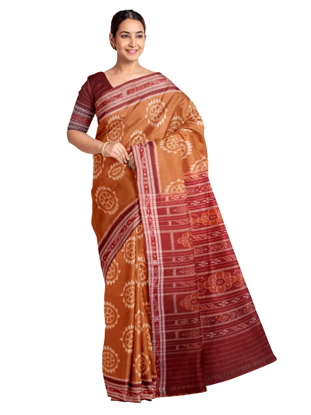 Brown Cotton Odisha Ikat saree with mix match cotton ikat blouse piece