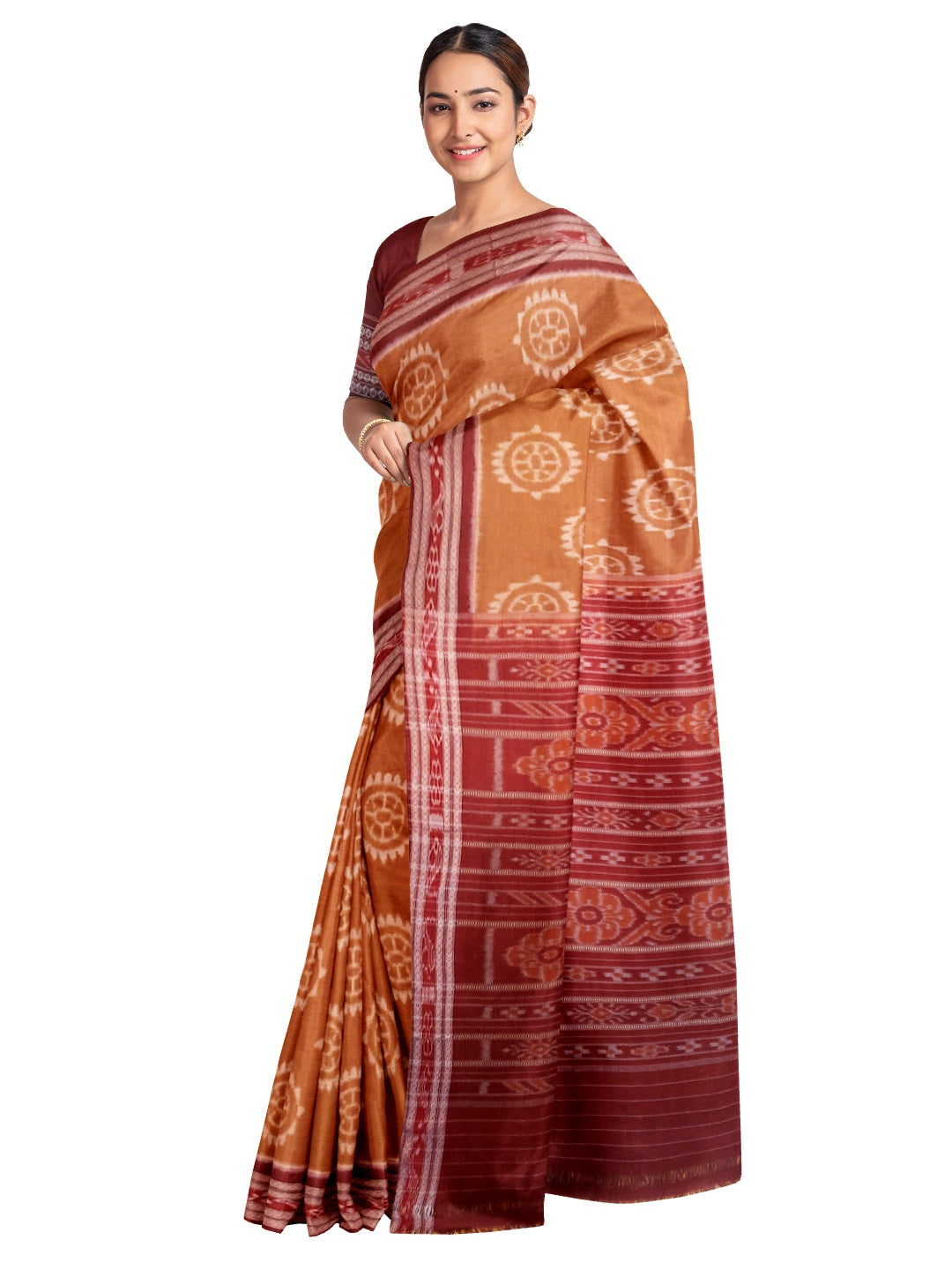 Brown Cotton Odisha Ikat saree with mix match cotton ikat blouse piece