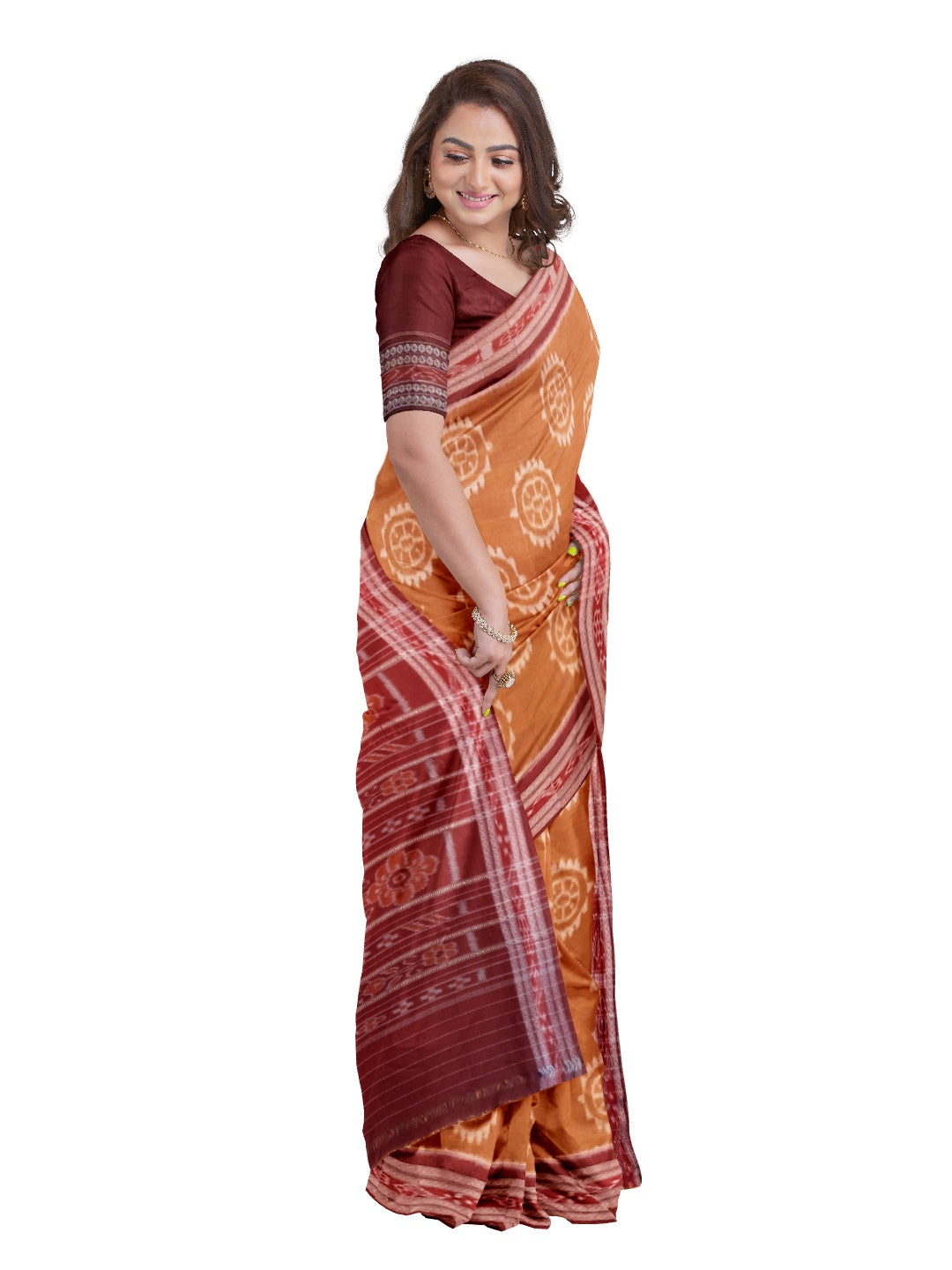 Brown Cotton Odisha Ikat saree with mix match cotton ikat blouse piece