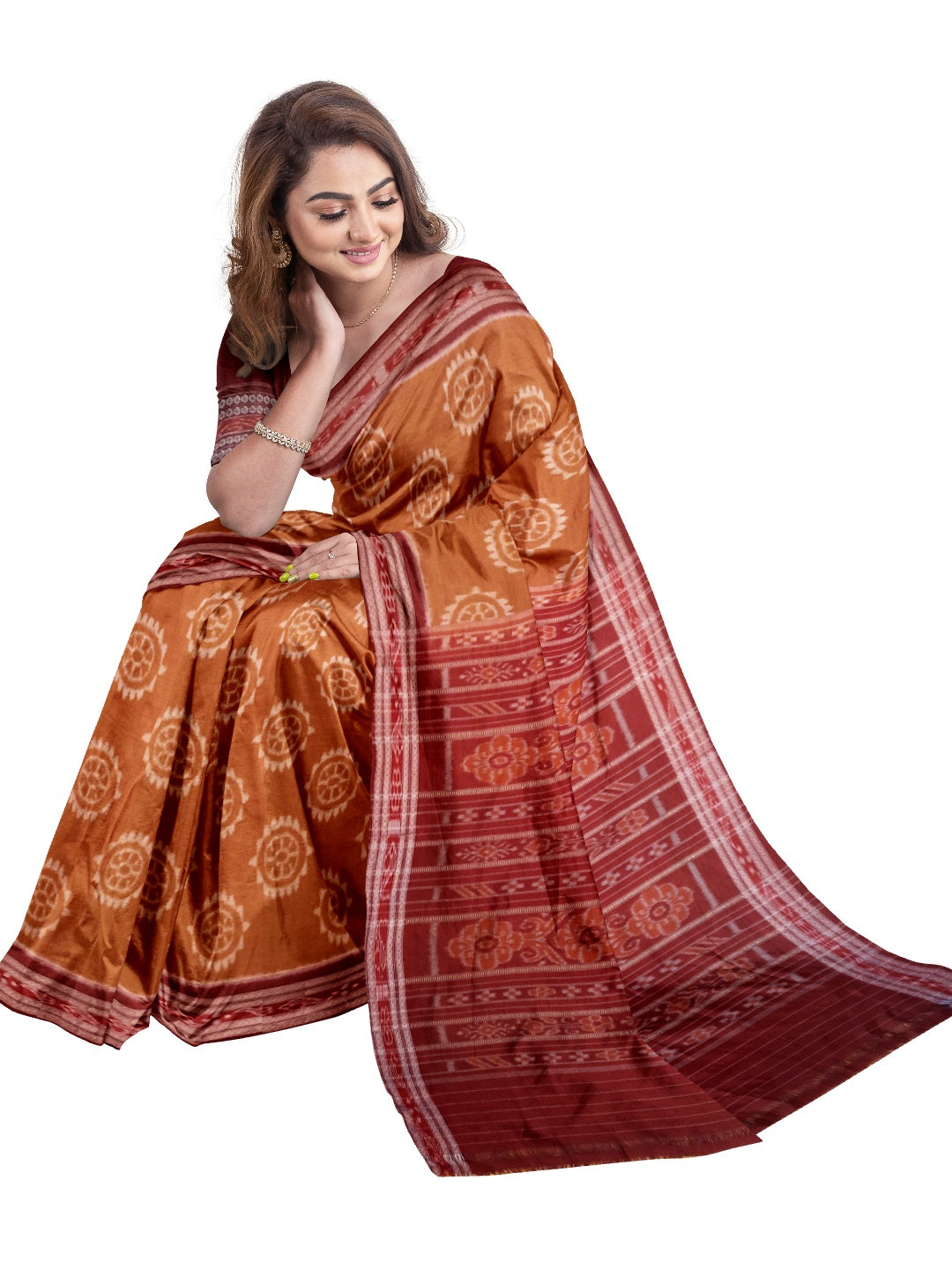 Brown Cotton Odisha Ikat saree with mix match cotton ikat blouse piece