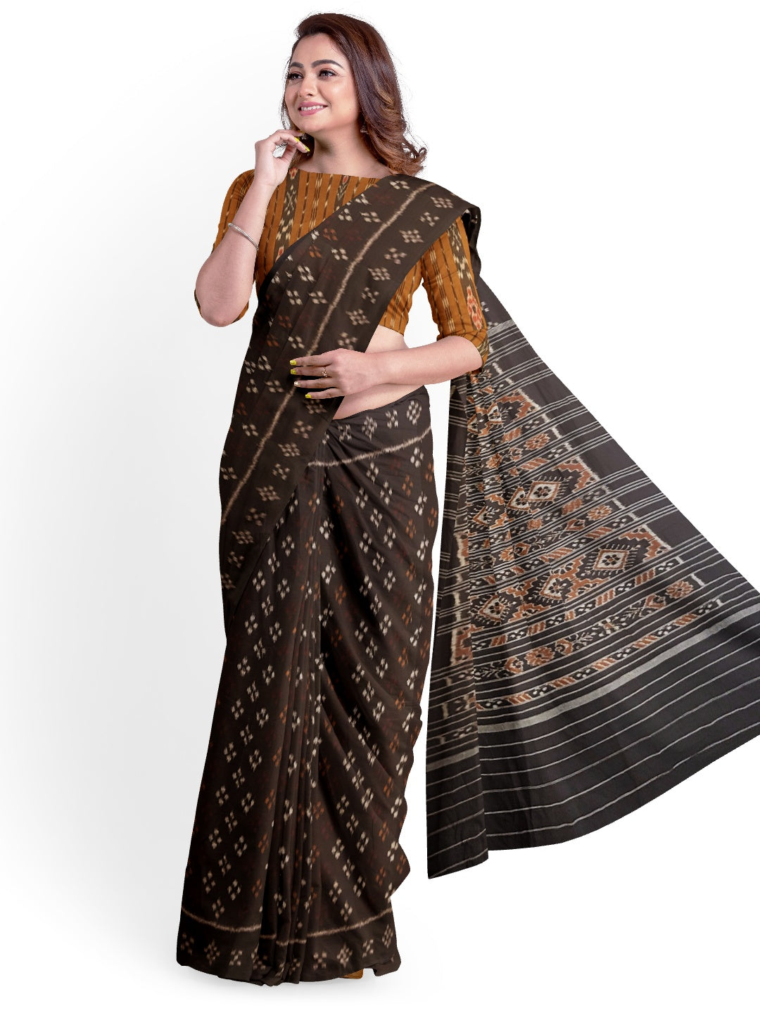 Black Cotton Odisha Ikat saree with cotton ikat blouse piece
